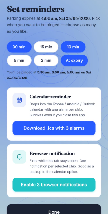 Reminders flow — calendar + browser notifications before parking expires