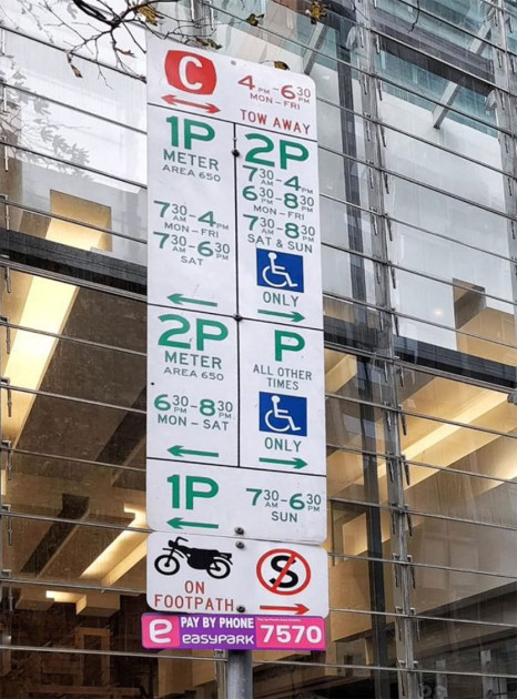 A real stacked Melbourne CBD parking sign with six different rules on one pole